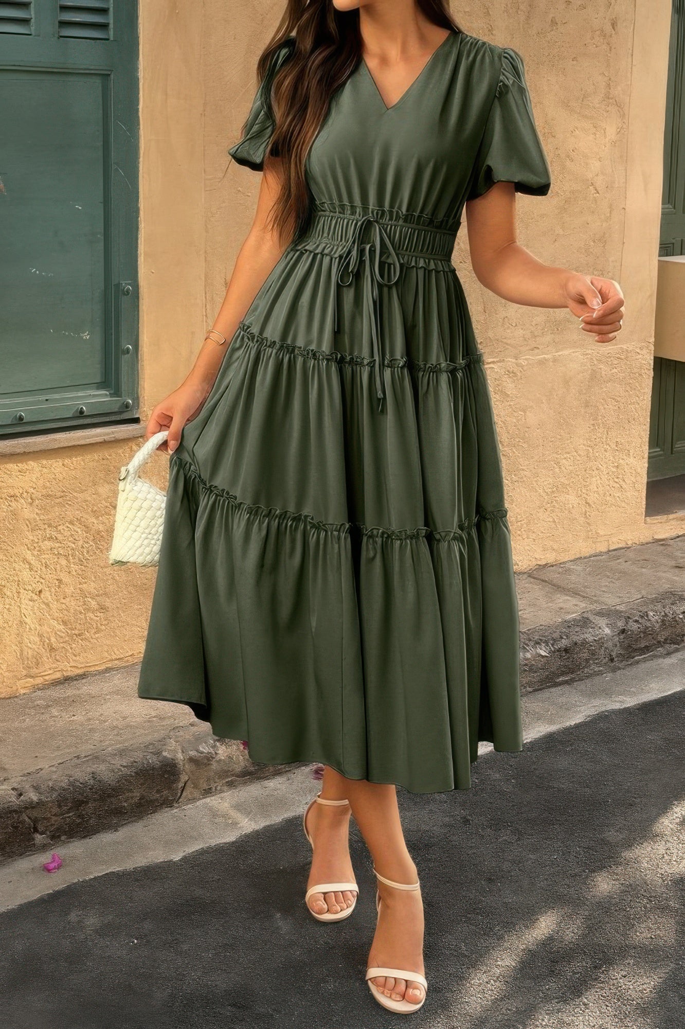 Solid Color Block Puff Sleeve Elastic Waist Dress - It's a Girly Place