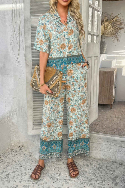 Two Pieces Button Down Boho Blouse Pant Sets