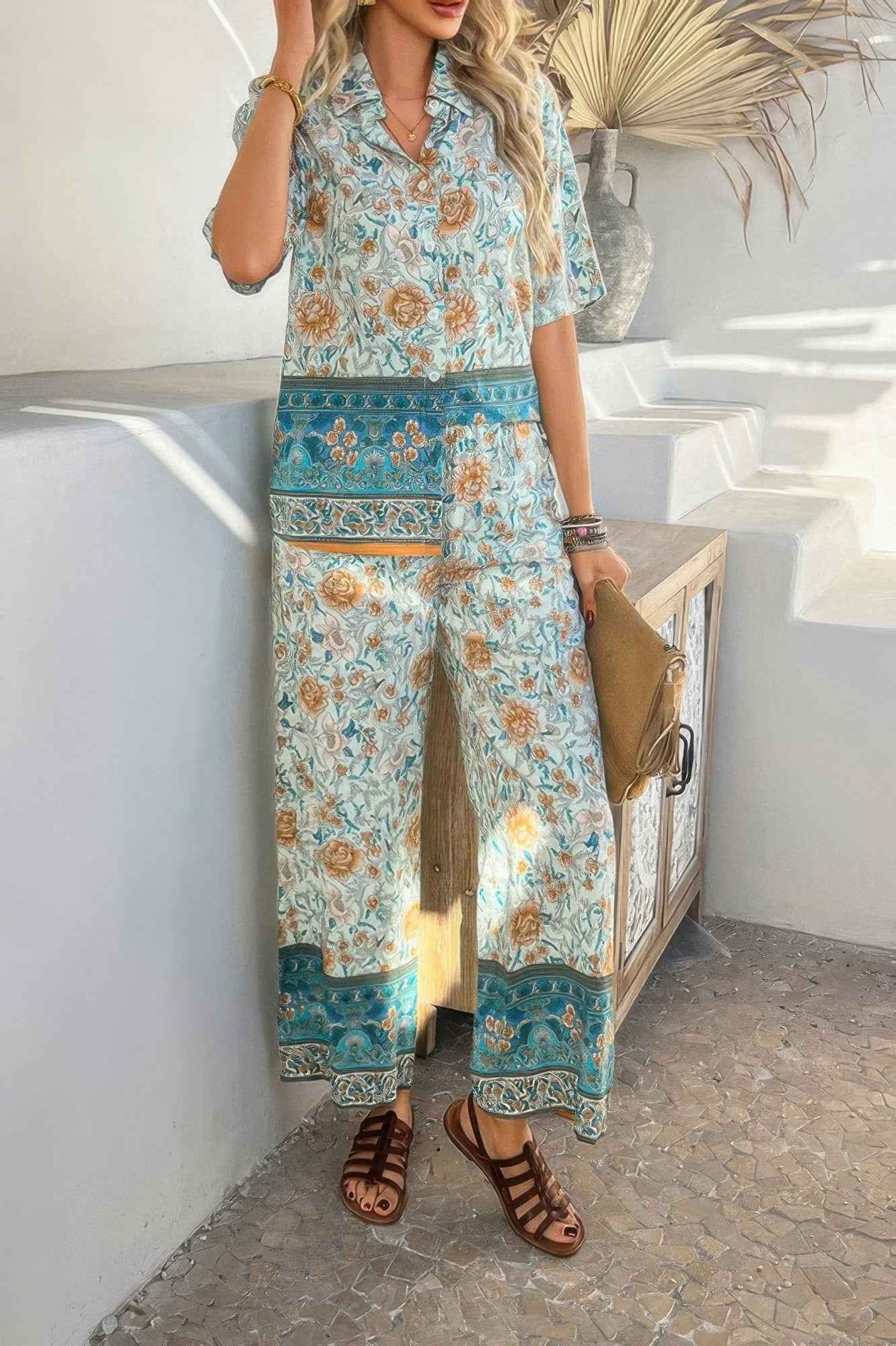 Two Pieces Button Down Boho Blouse Pant Sets