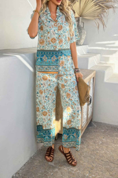 Two Pieces Button Down Boho Blouse Pant Sets