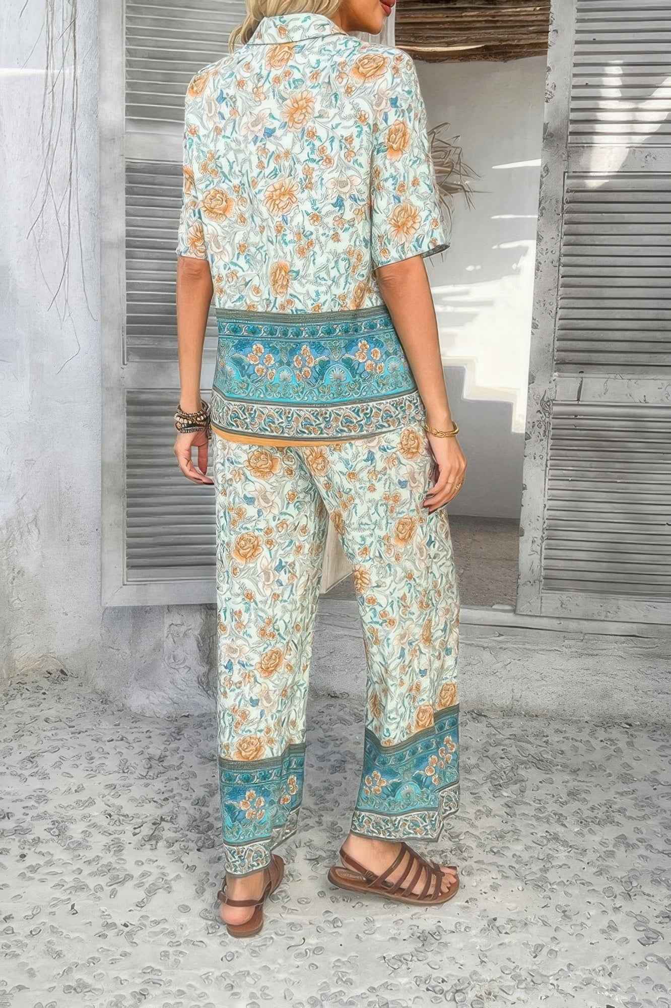 Two Pieces Button Down Boho Blouse Pant Sets