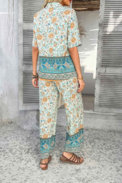 Two Pieces Button Down Boho Blouse Pant Sets