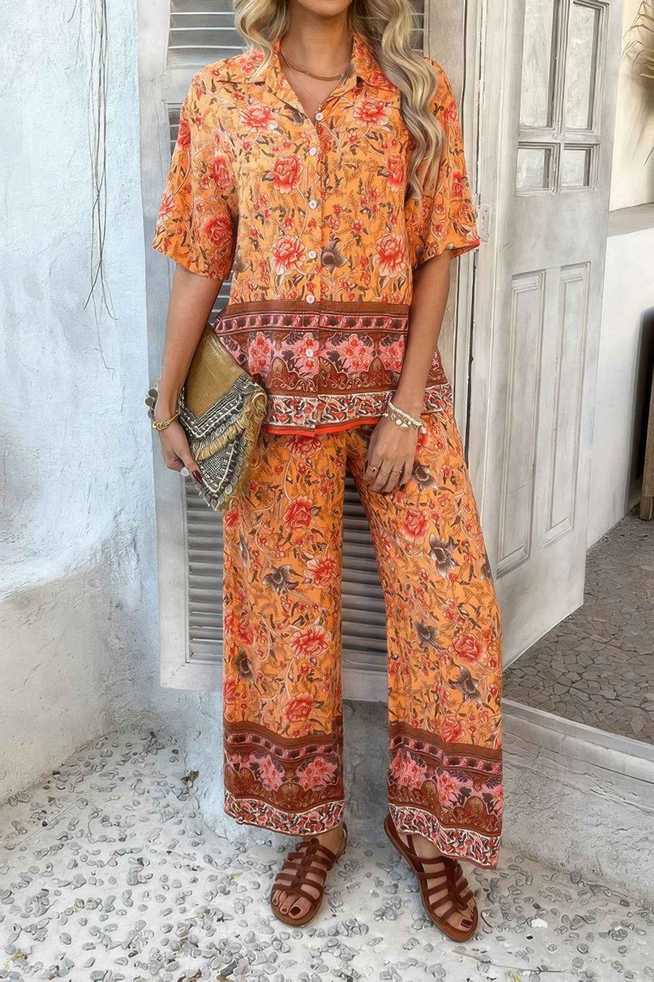 Two Pieces Button Down Boho Blouse Pant Sets