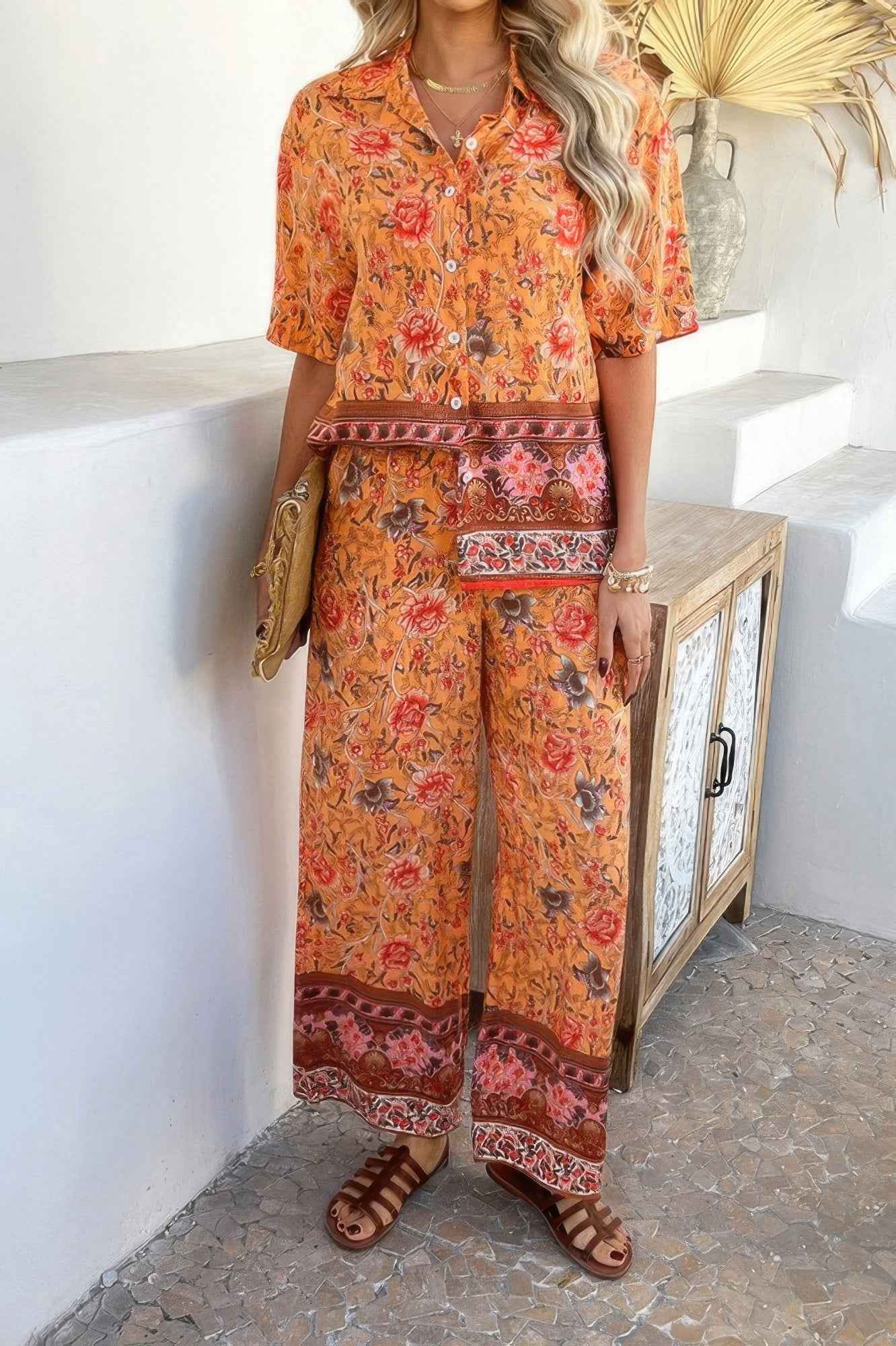 Two Pieces Button Down Boho Blouse Pant Sets