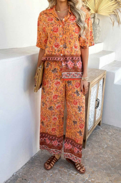 Two Pieces Button Down Boho Blouse Pant Sets
