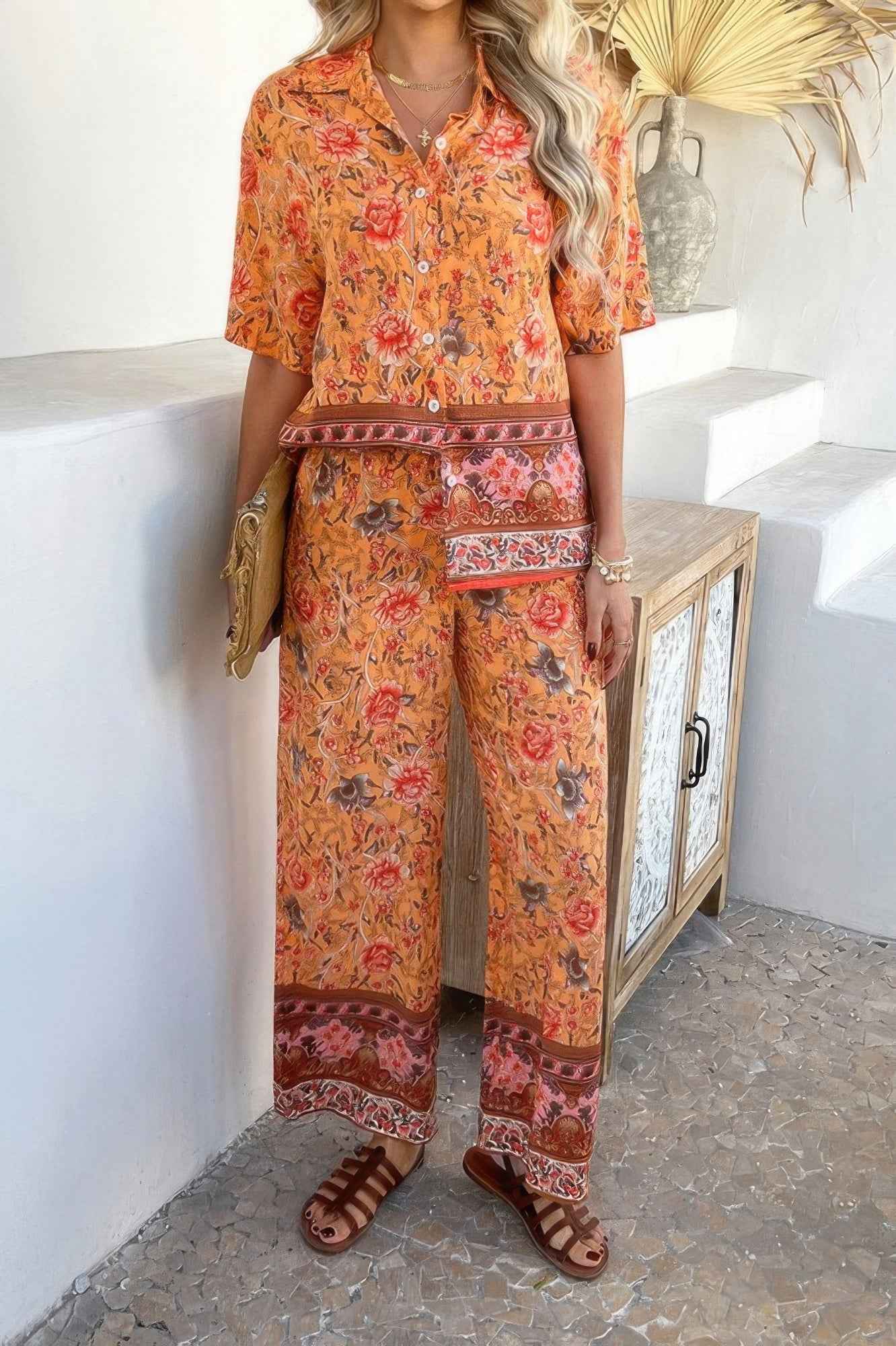 Two Pieces Button Down Boho Blouse Pant Sets