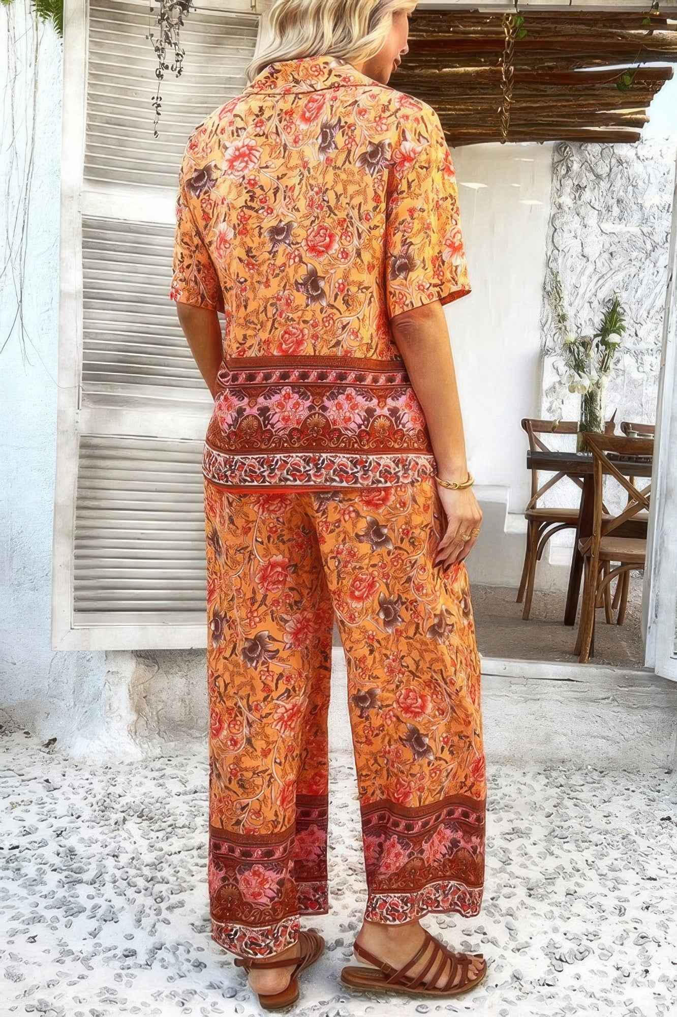 Two Pieces Button Down Boho Blouse Pant Sets