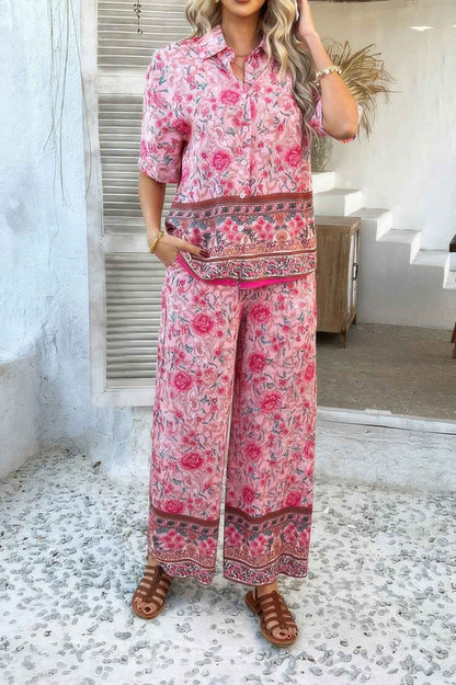 Two Pieces Button Down Boho Blouse Pant Sets