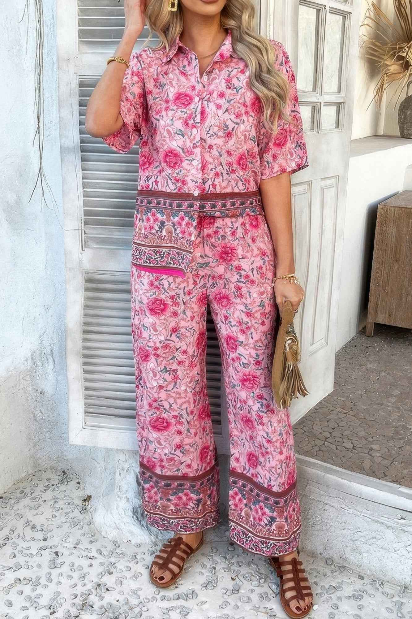 Two Pieces Button Down Boho Blouse Pant Sets
