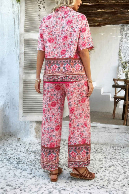 Two Pieces Button Down Boho Blouse Pant Sets