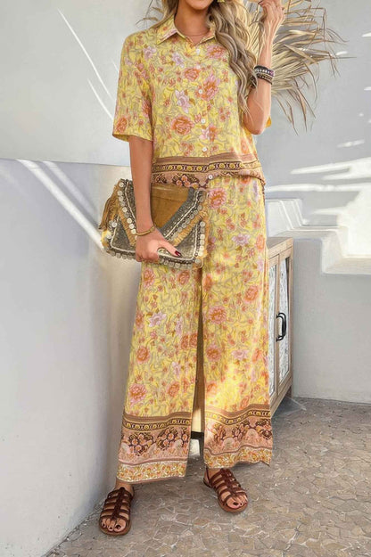 Two Pieces Button Down Boho Blouse Pant Sets