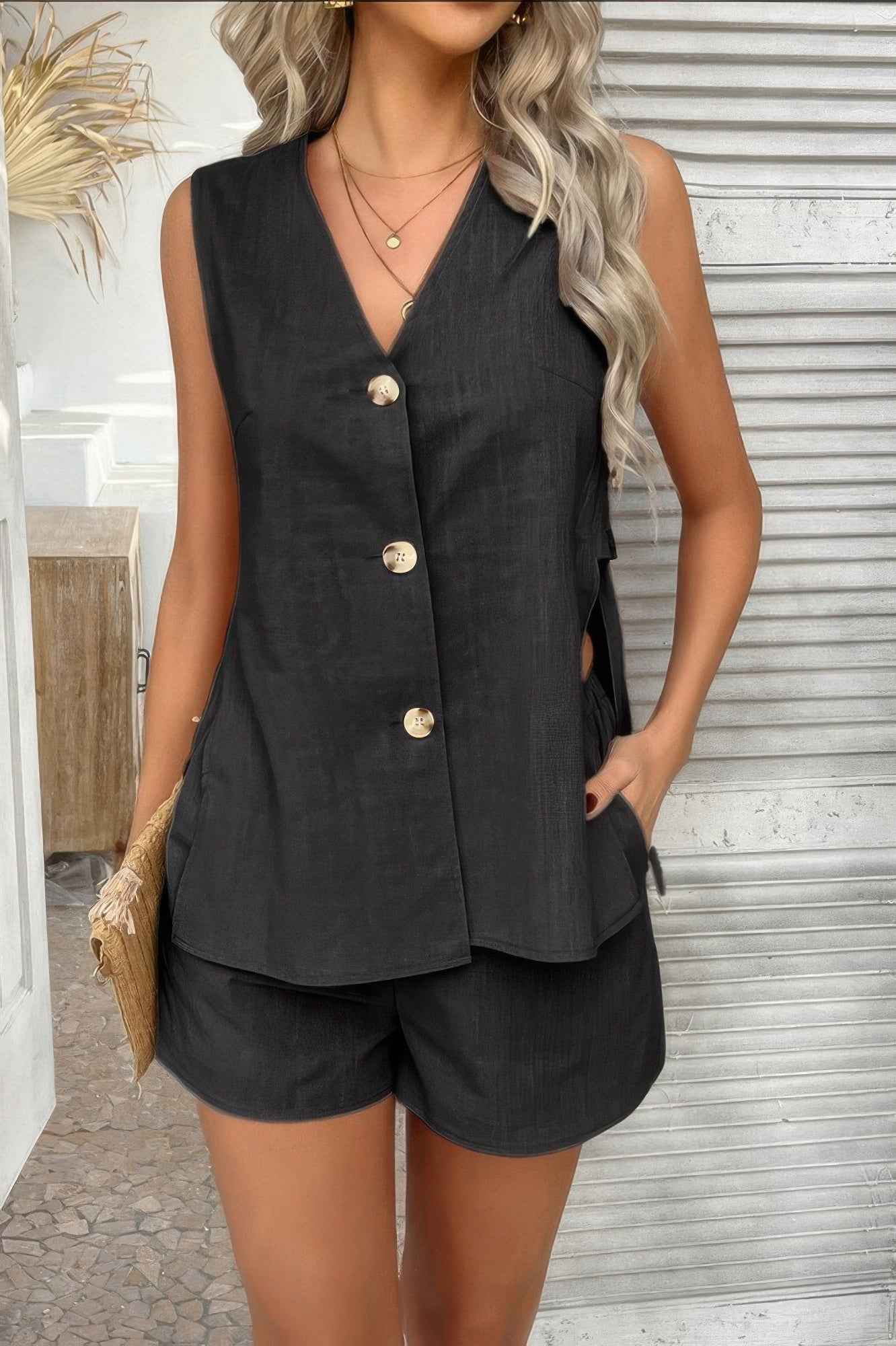 Two Pieces Button Down V Neck Suit Short Sets