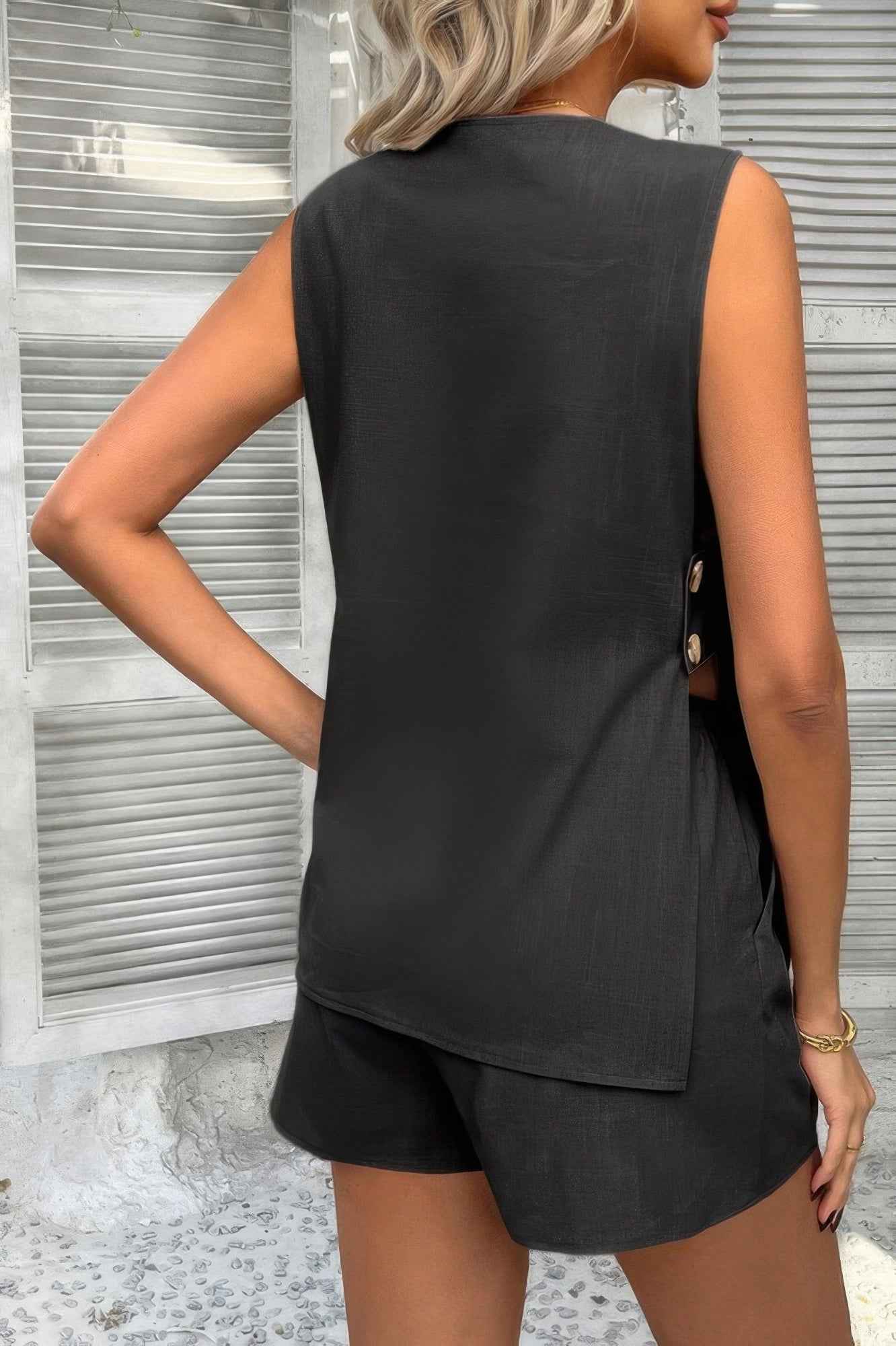 Two Pieces Button Down V Neck Suit Short Sets