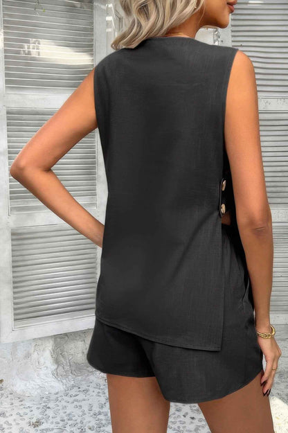 Two Pieces Button Down V Neck Suit Short Sets