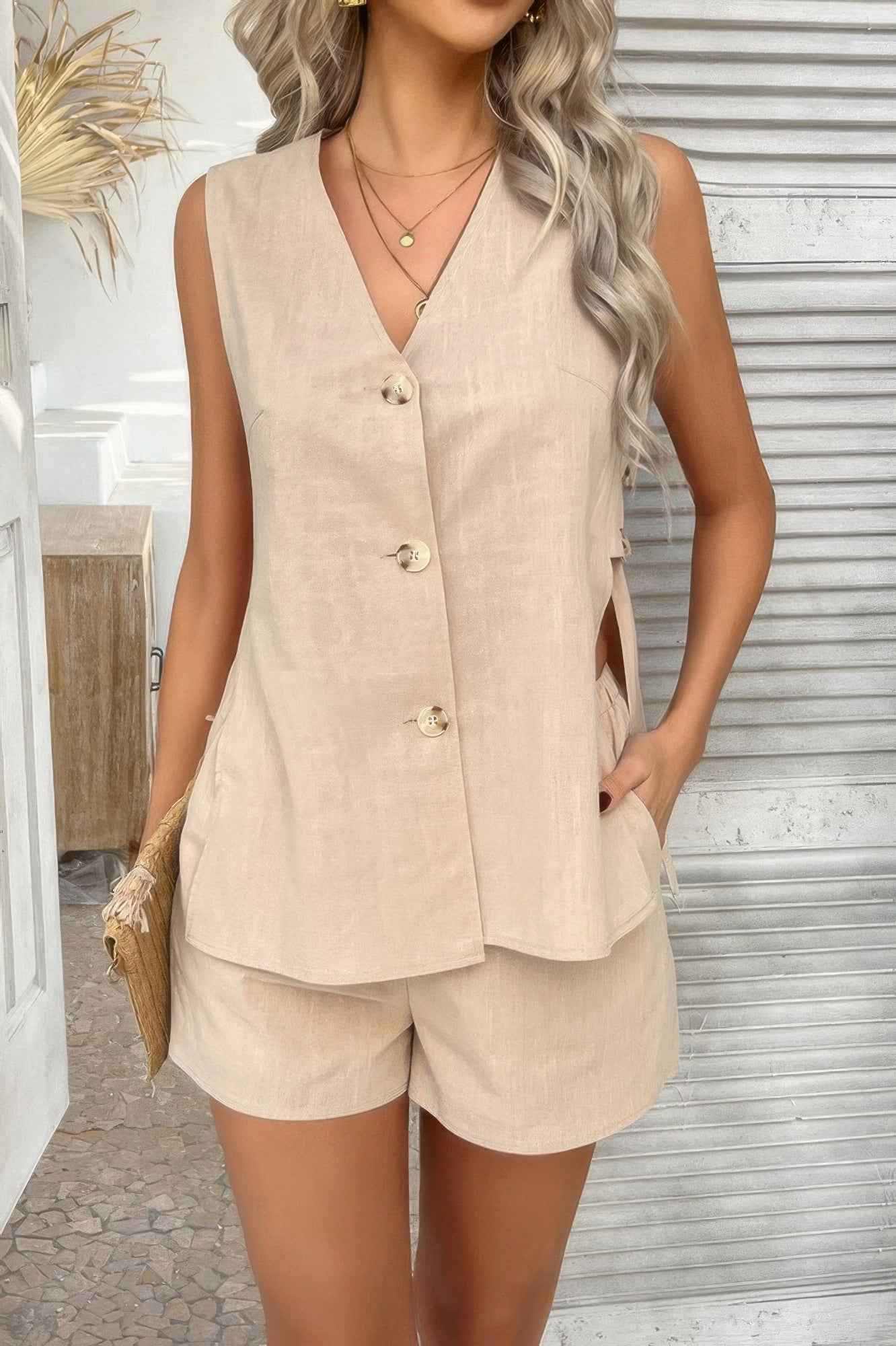 Two Pieces Button Down V Neck Suit Short Sets