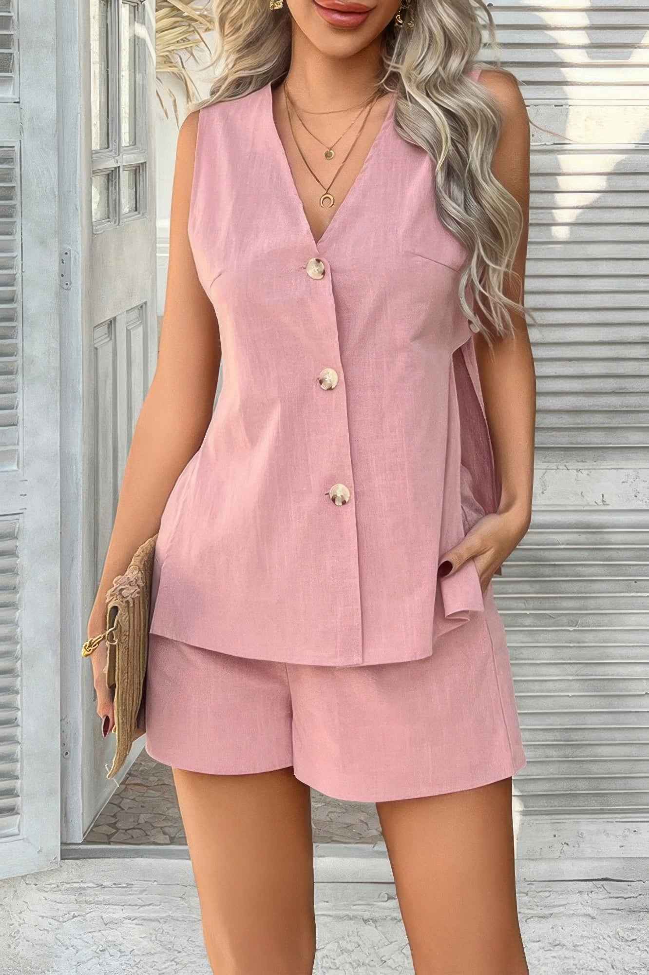 Two Pieces Button Down V Neck Suit Short Sets