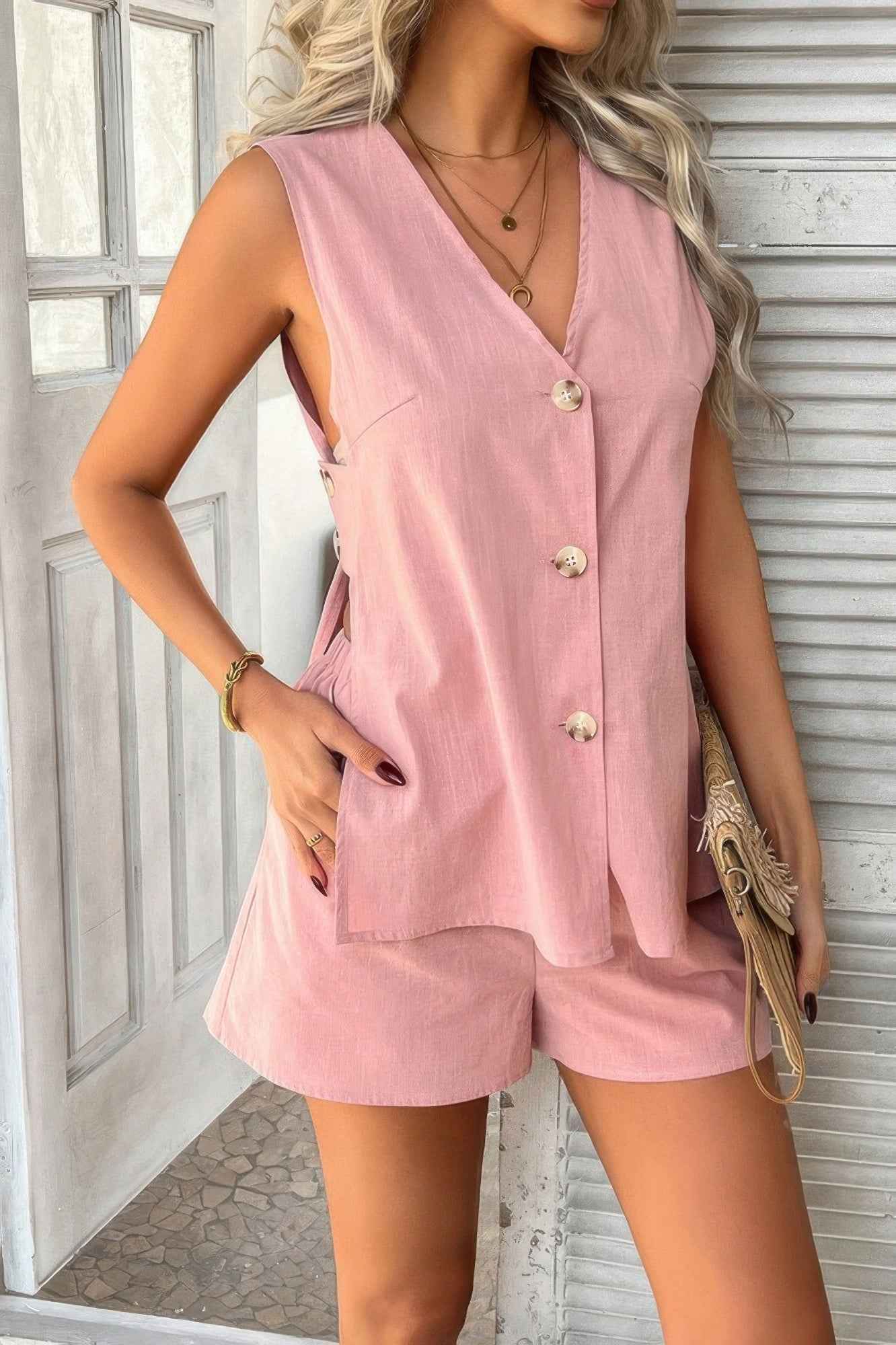 Two Pieces Button Down V Neck Suit Short Sets
