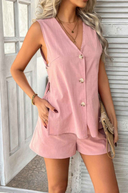 Two Pieces Button Down V Neck Suit Short Sets