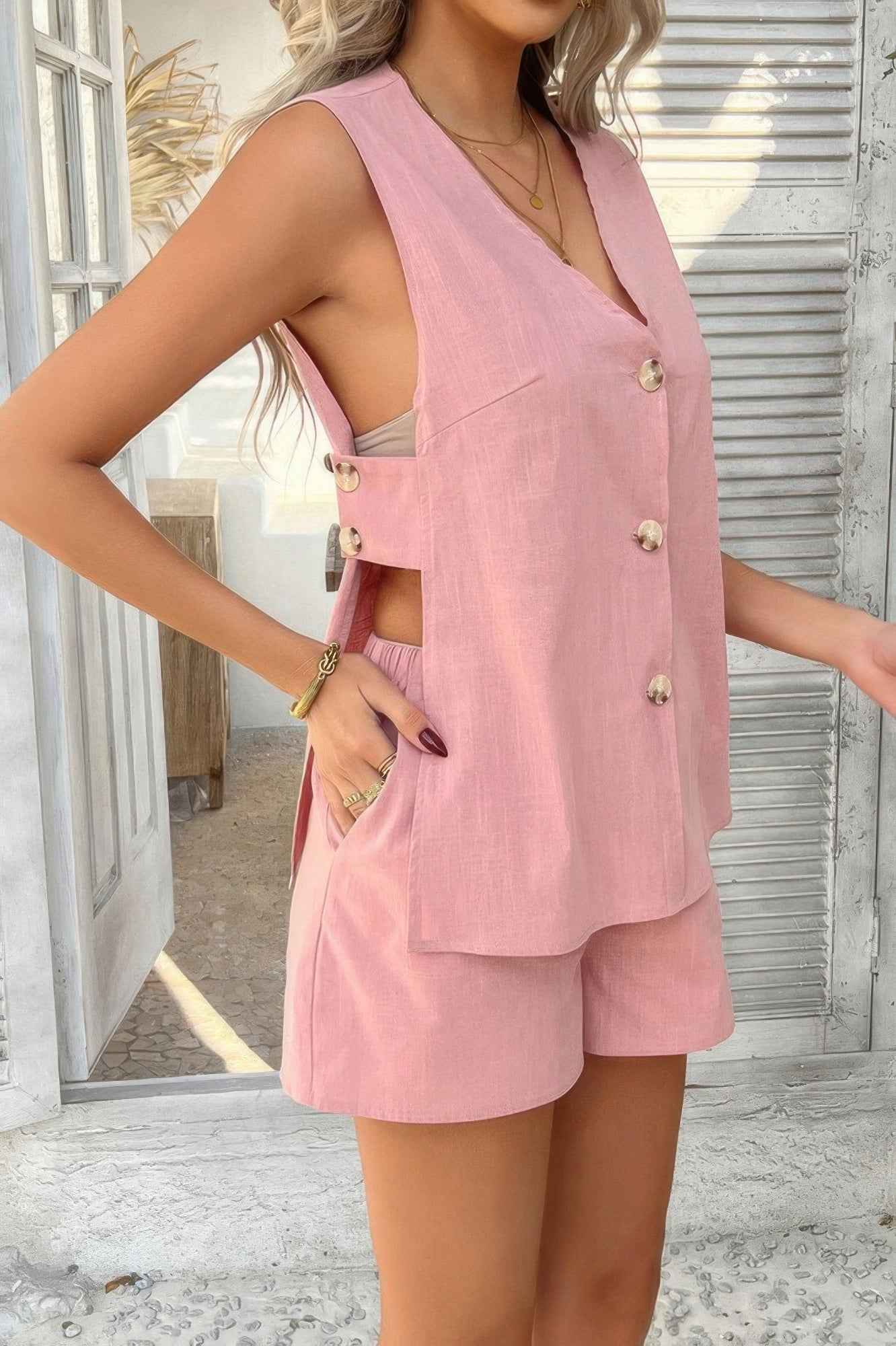 Two Pieces Button Down V Neck Suit Short Sets