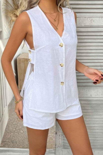 Two Pieces Button Down V Neck Suit Short Sets