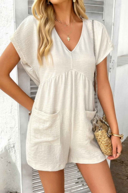 Solid Deep V Neck Drop Shoulder Loose Pockets Romper