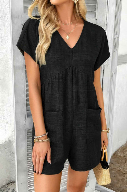 Solid Deep V Neck Drop Shoulder Loose Pockets Romper