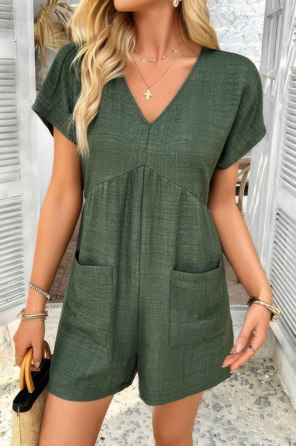 Solid Deep V Neck Drop Shoulder Loose Pockets Romper