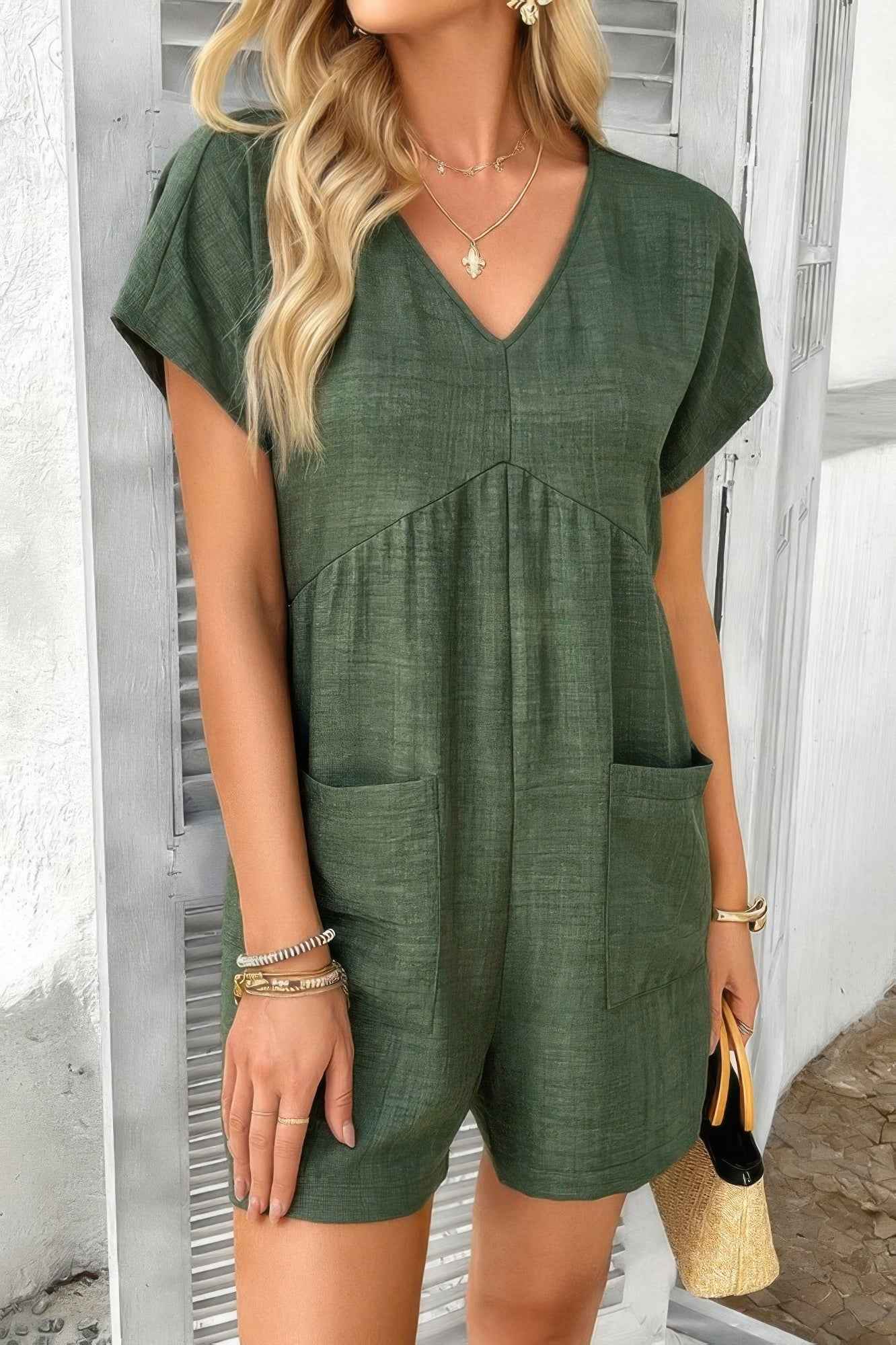 Solid Deep V Neck Drop Shoulder Loose Pockets Romper