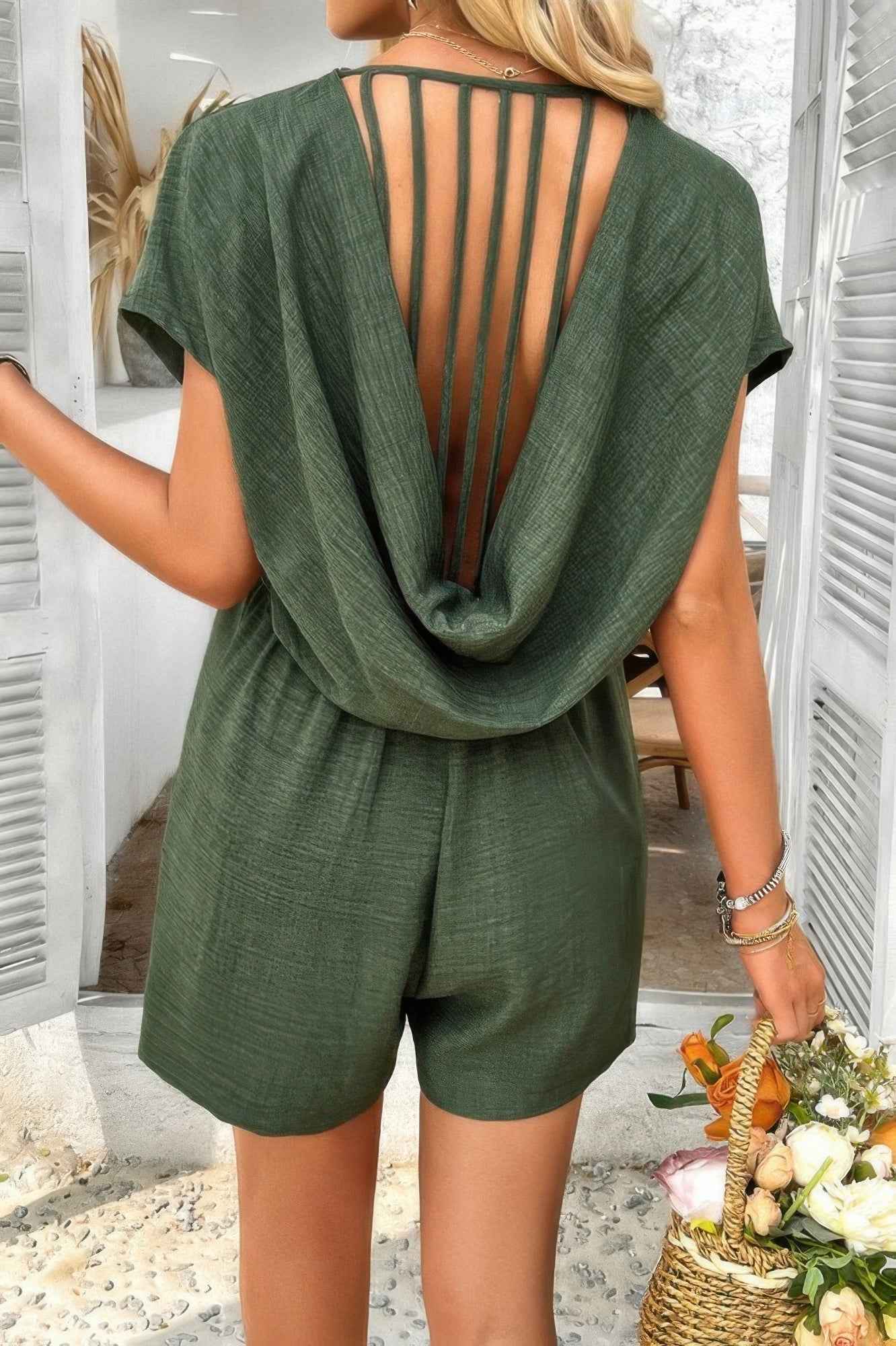 Solid Deep V Neck Drop Shoulder Loose Pockets Romper