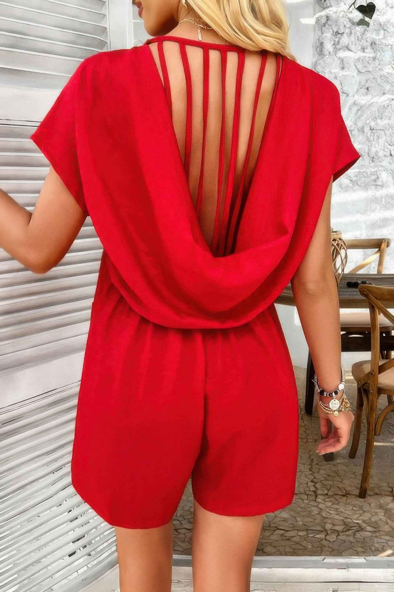Solid Deep V Neck Drop Shoulder Loose Pockets Romper