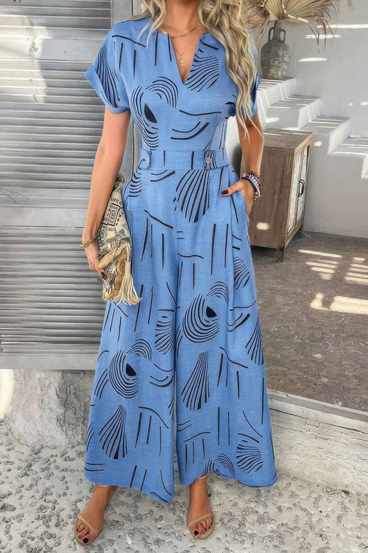 Allover Print V Neck Tie Waist Pockets Jumpsuit