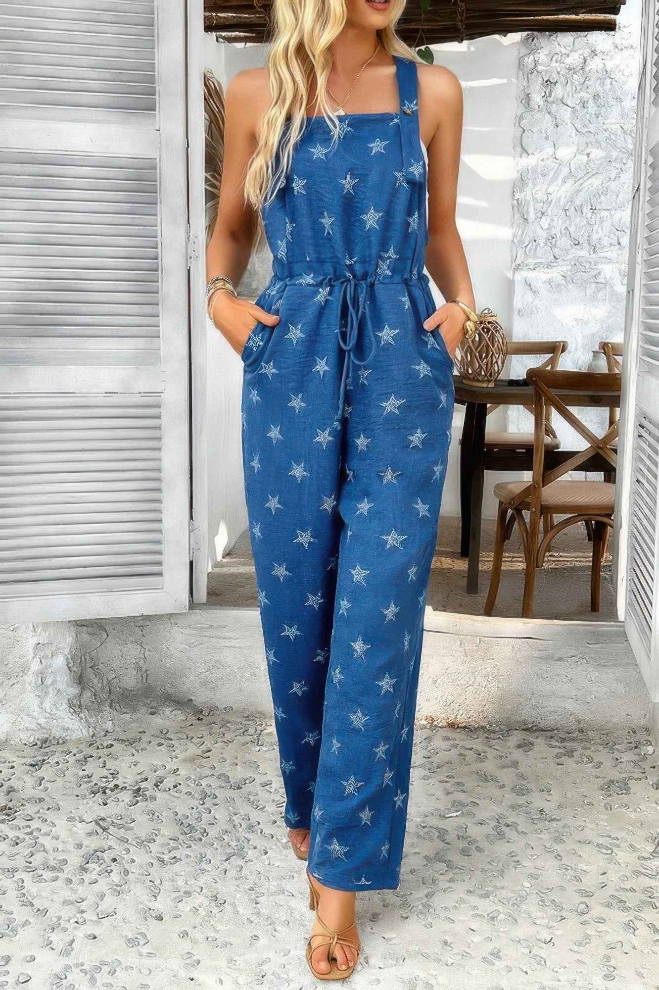 Star Print Button Tie Pockets Drawstring Jumpsuit