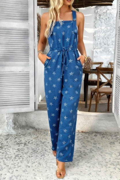 Star Print Button Tie Pockets Drawstring Jumpsuit