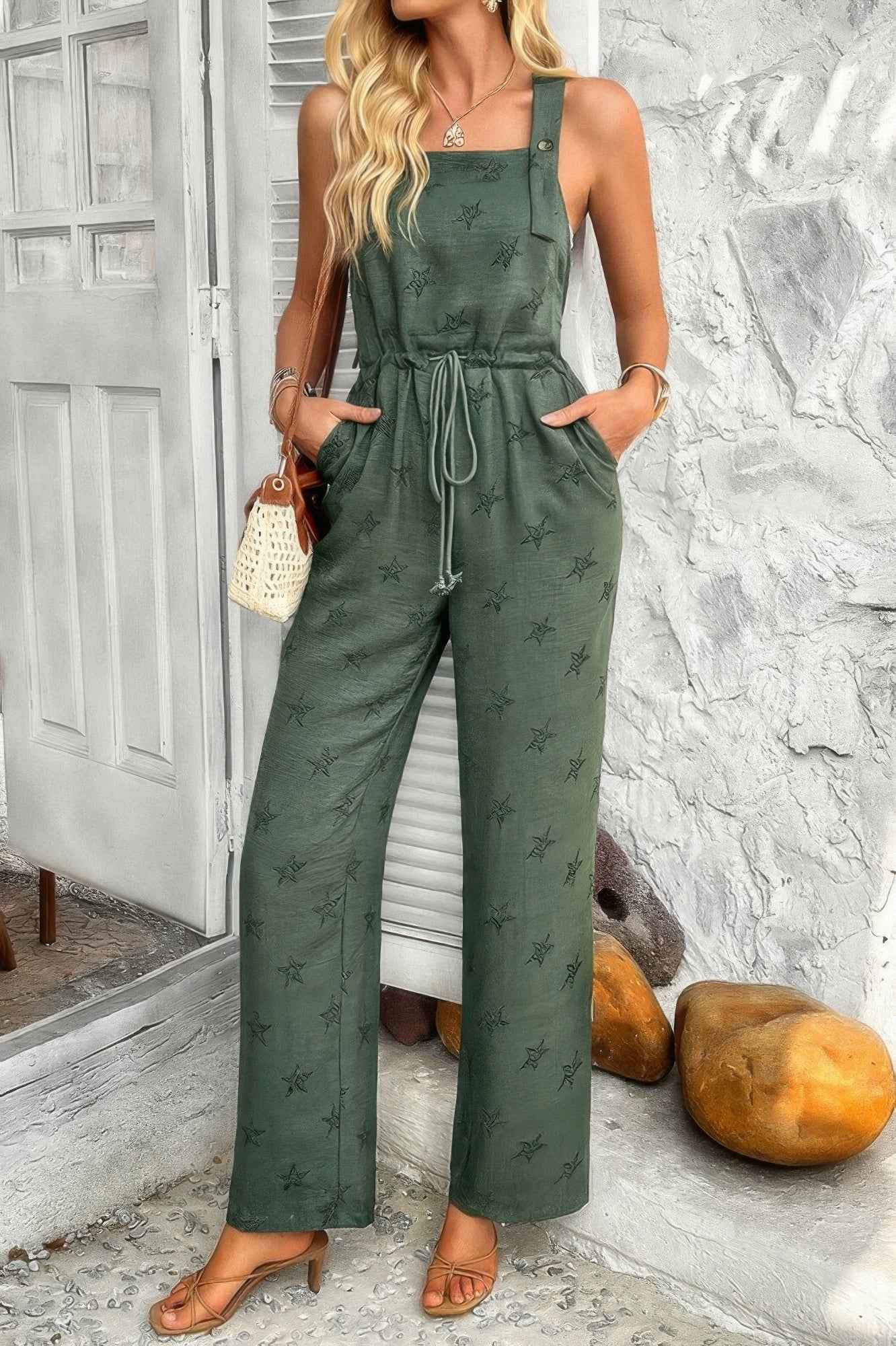 Star Print Button Tie Pockets Drawstring Jumpsuit
