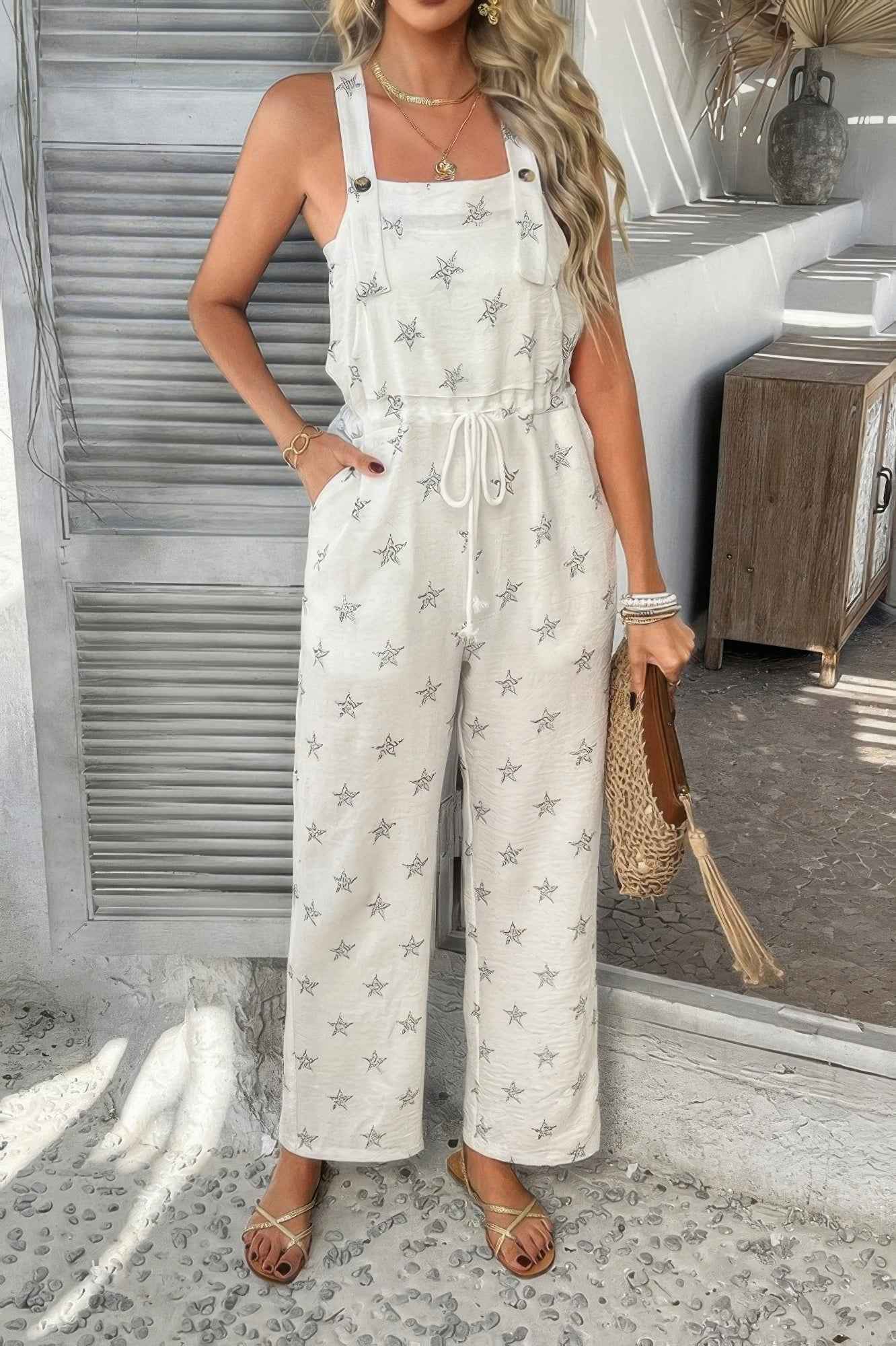 Star Print Button Tie Pockets Drawstring Jumpsuit