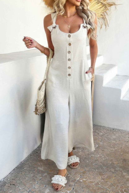 Button Front Knotted Strap Wide Leg Jumpsuit