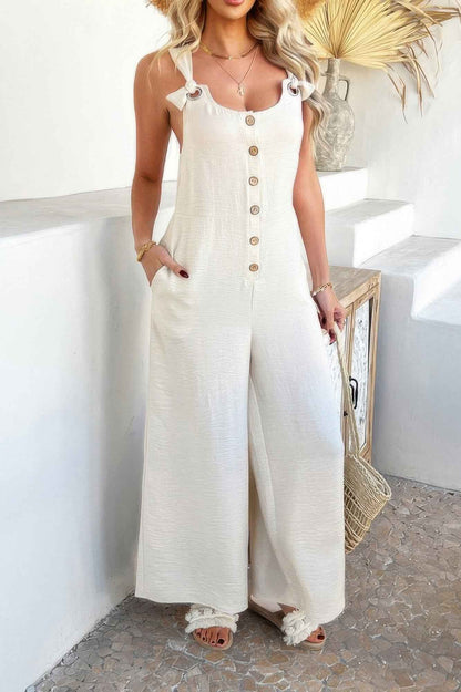 Button Front Knotted Strap Wide Leg Jumpsuit