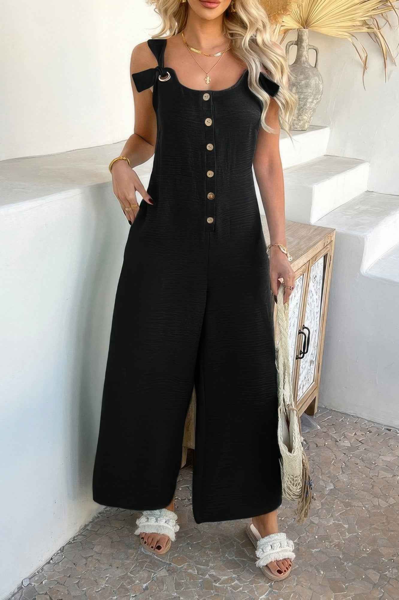 Button Front Knotted Strap Wide Leg Jumpsuit