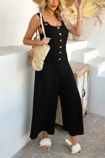 Button Front Knotted Strap Wide Leg Jumpsuit