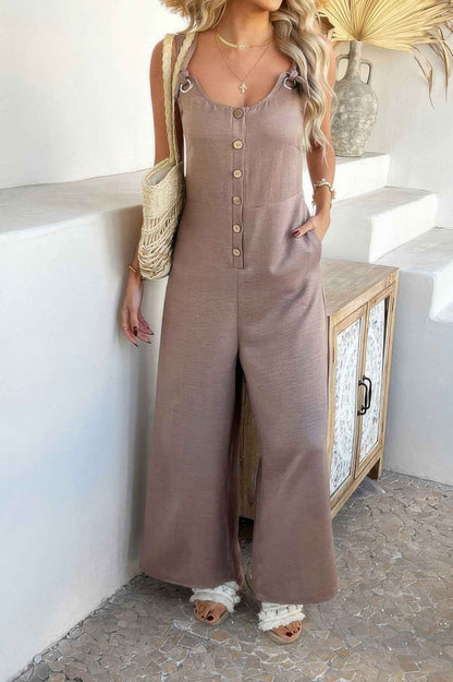 Button Front Knotted Strap Wide Leg Jumpsuit