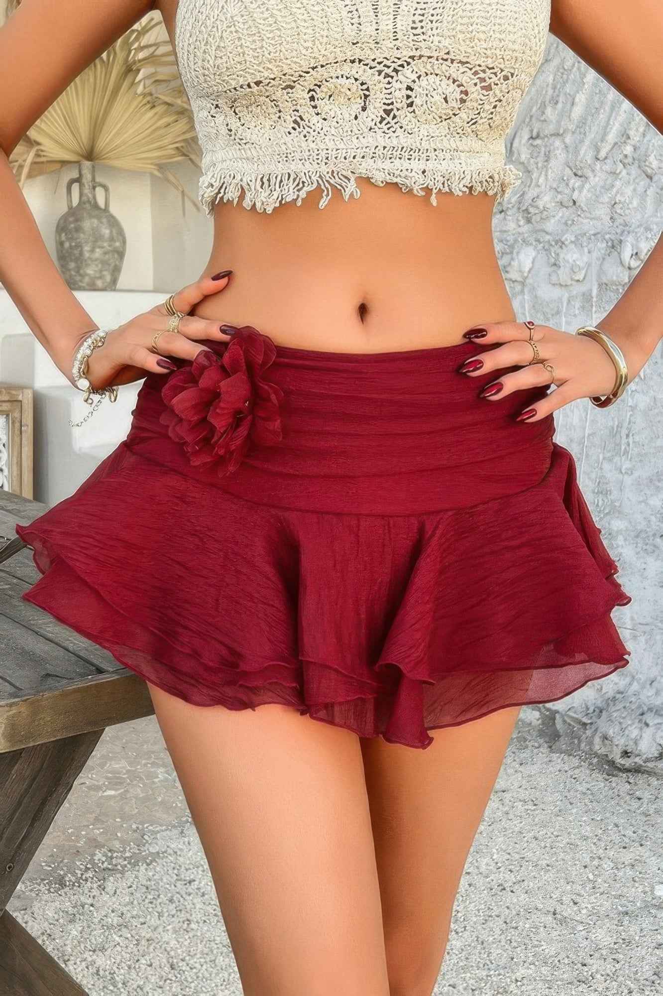 Floral Decoration Solid Ruched Waist Ruffle Skirt