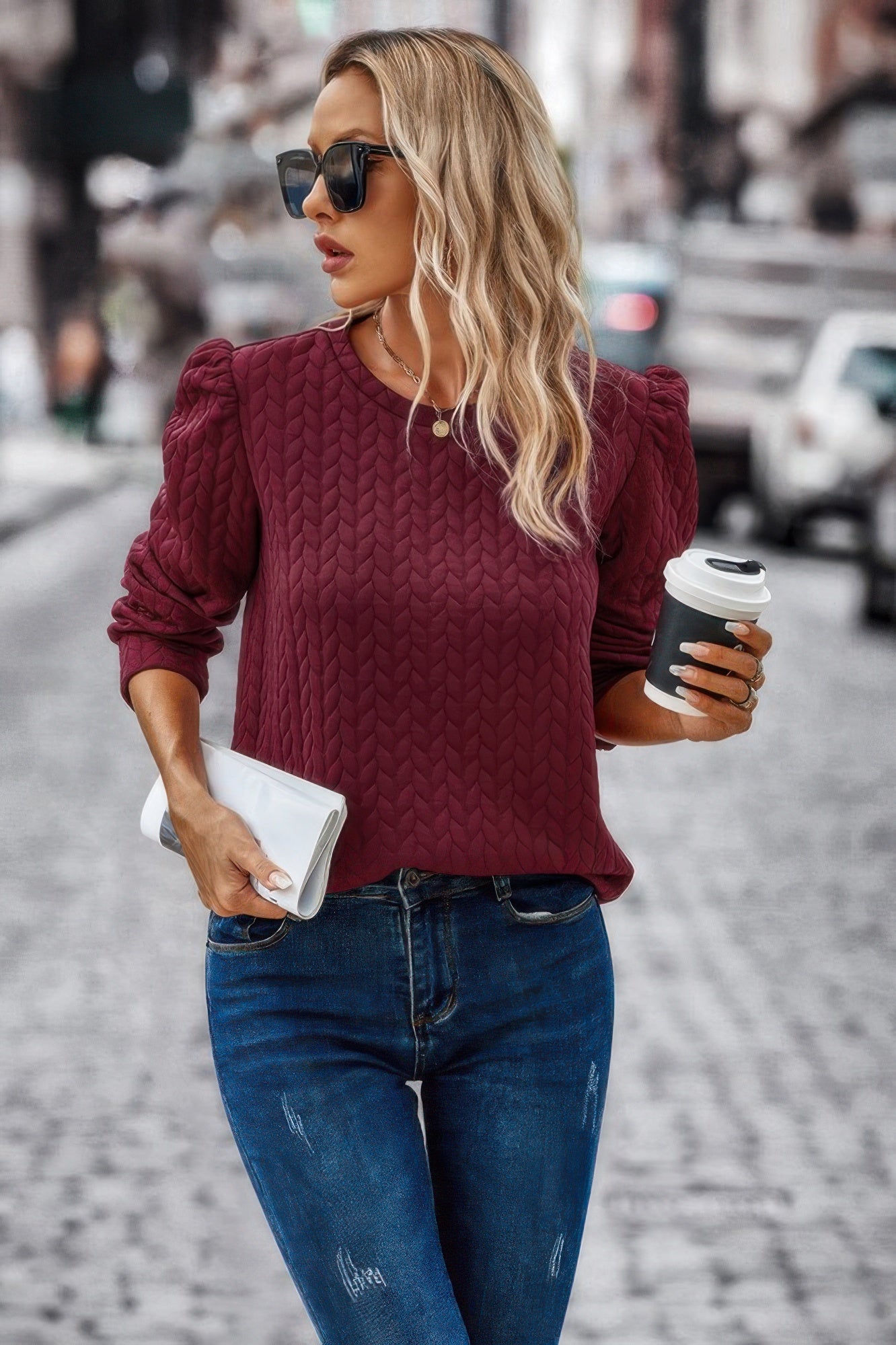 Solid Crewneck Twist Texture Loose Fit Pullover - It's a Girly Place