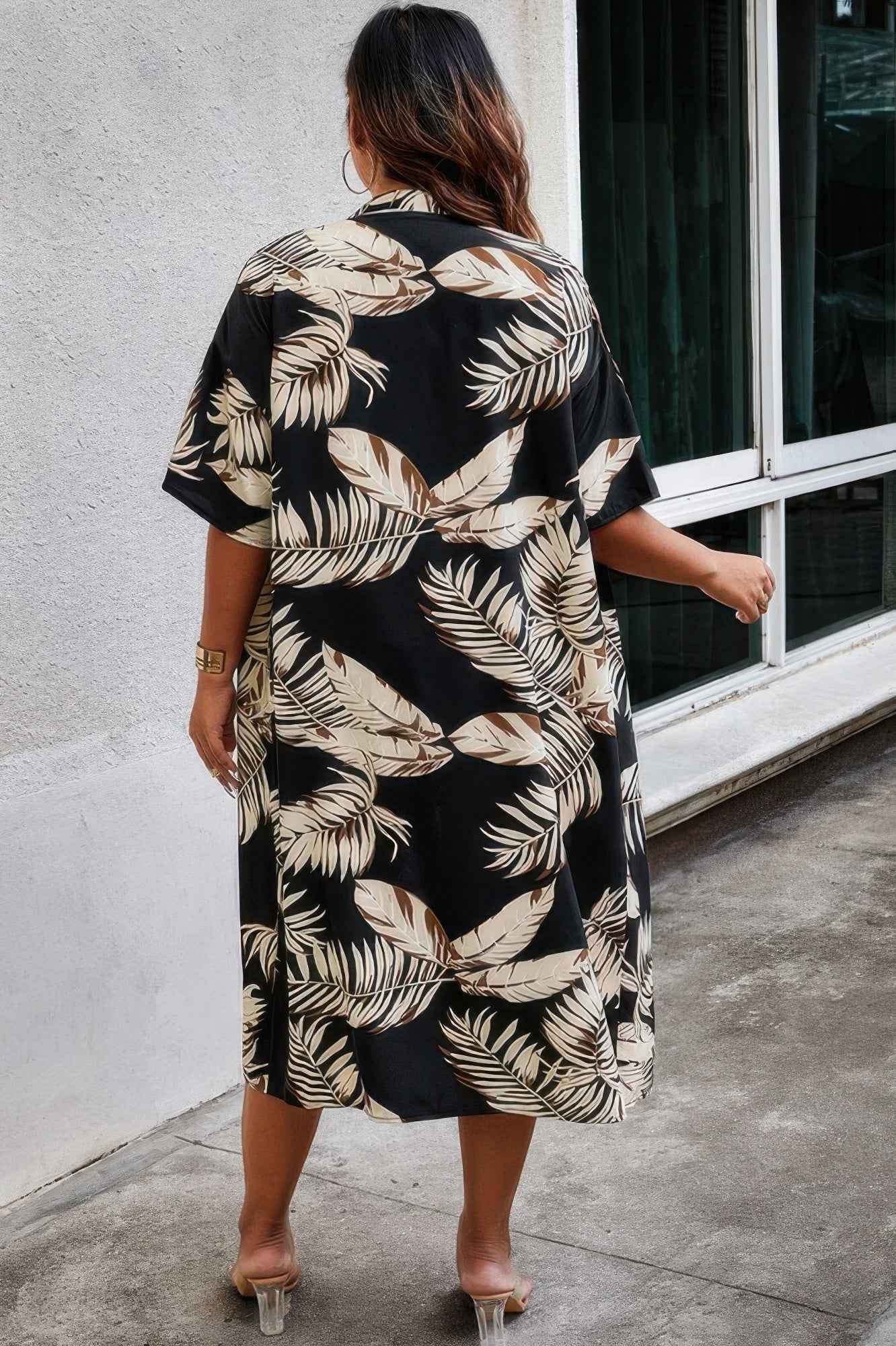 Plus Leaf Print Pockets Elastic Waist Shorts Sets