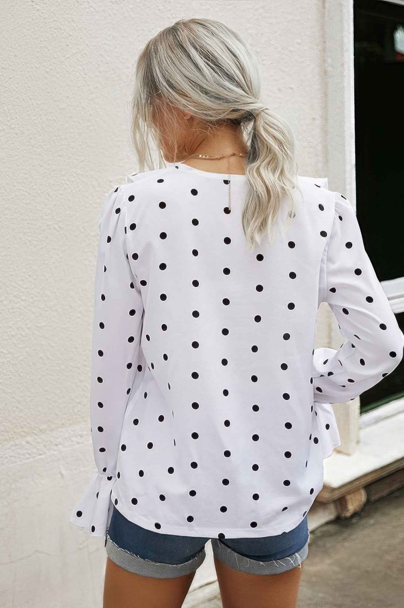 Polka Dots Long Sleeve V Neck Ruffled Shirt