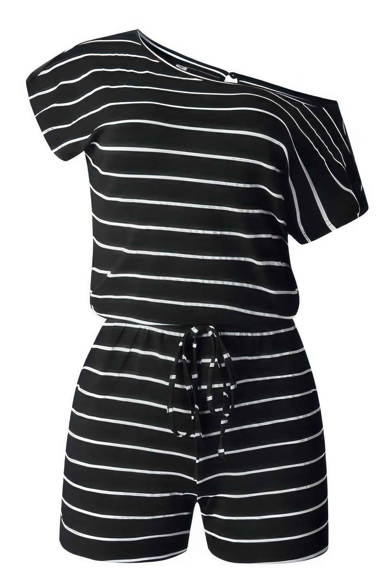 Striped Short Sleeve Drawstring Waist Romper