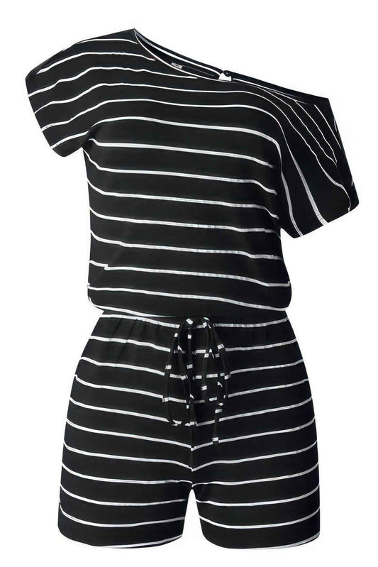 Striped Short Sleeve Drawstring Waist Romper