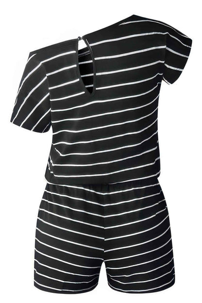 Striped Short Sleeve Drawstring Waist Romper