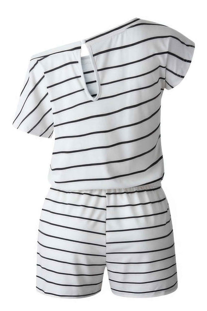 Striped Short Sleeve Drawstring Waist Romper