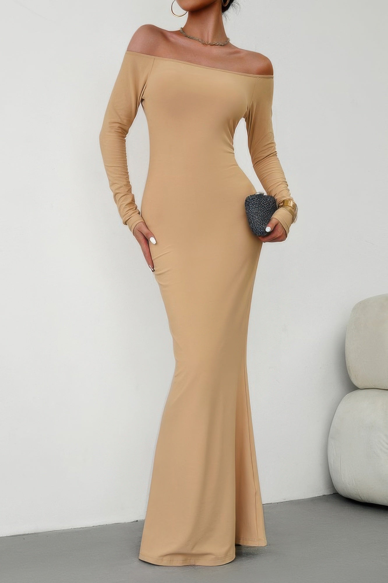Solid Elastic Off Shoulder Bodycon Long Sleeve Dress - It's a Girly Place