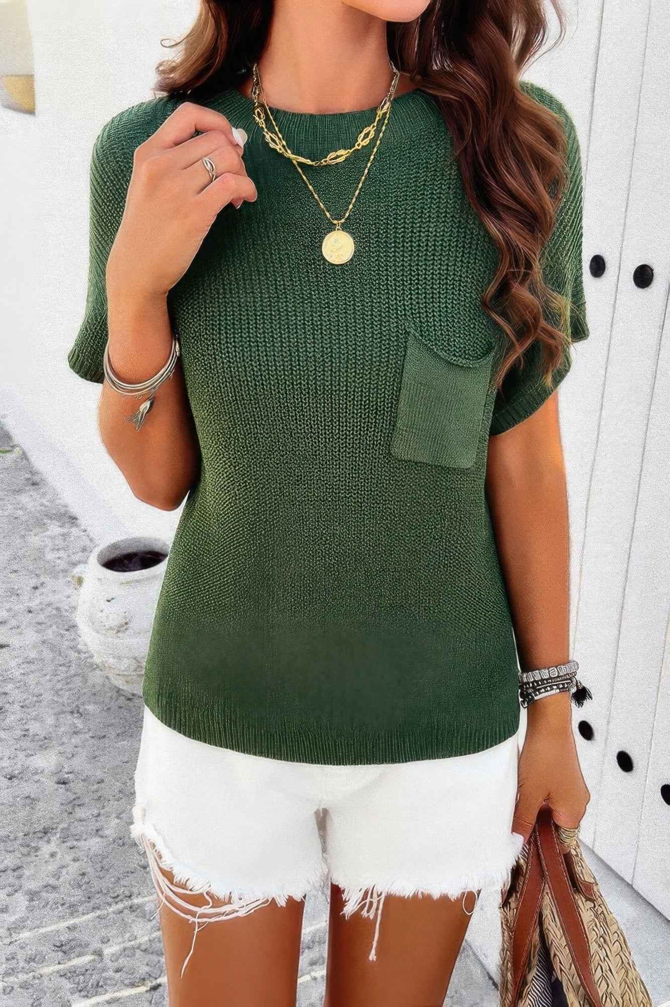 Solid Short Cap Sleeve Ribbed Knit Loose Top